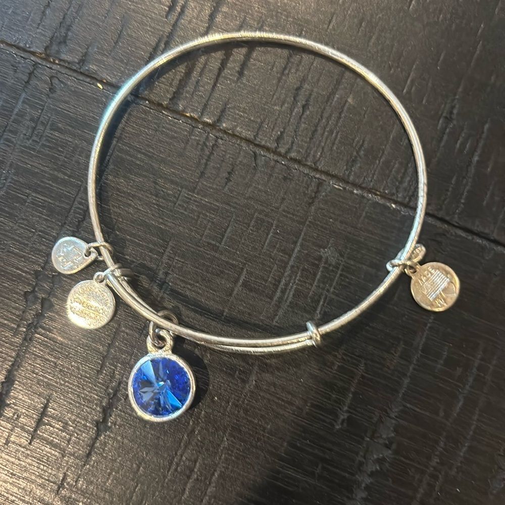 Alex and Ani Blue Crystal Charm Bangle Bracelet Silver Tone